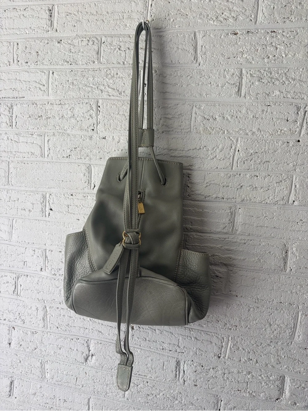 Gray/Green  Leather Backpack Tote - Minimal Drawstring Style